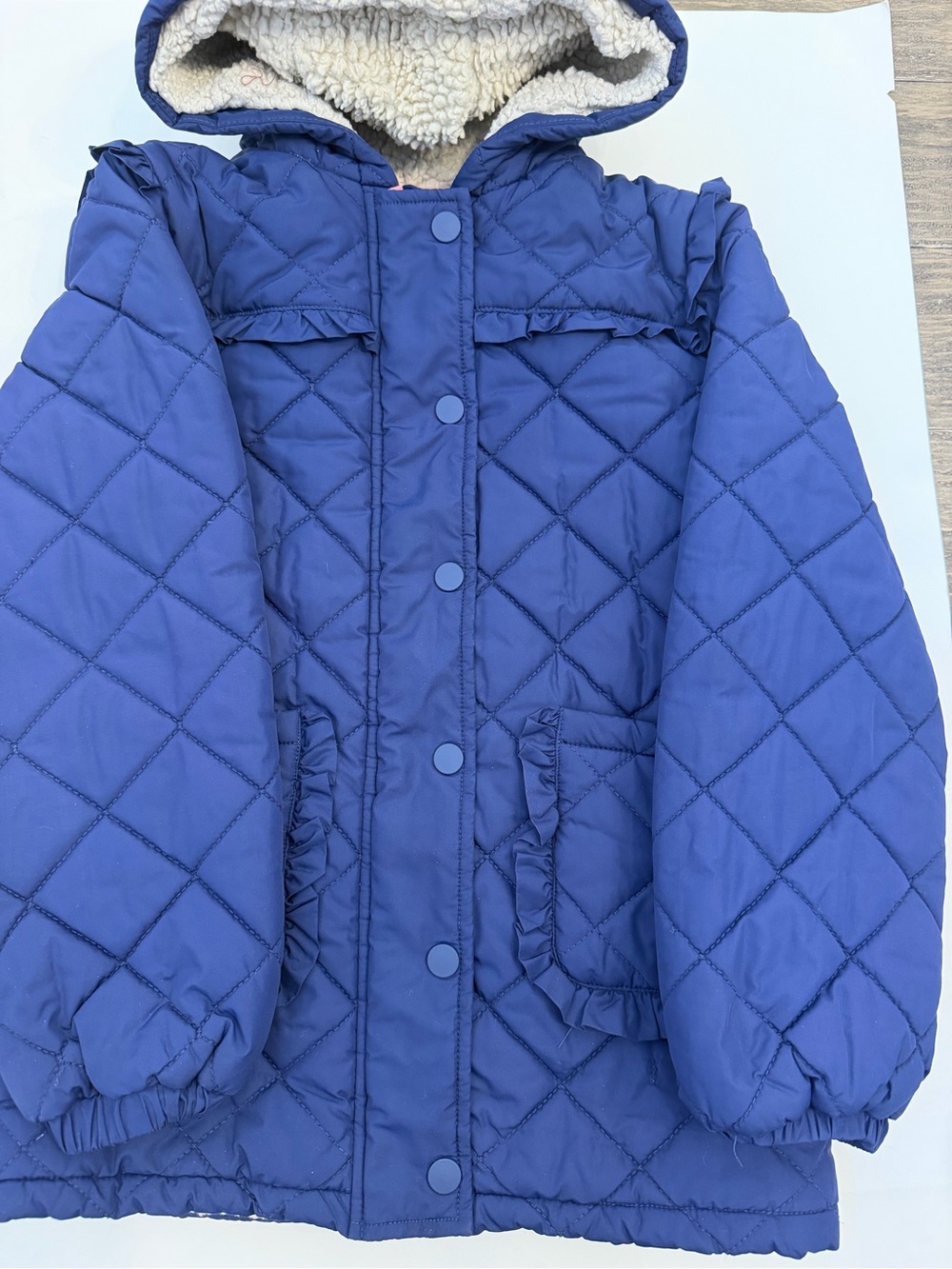Mini Boden Quilted Blue Hooded Sherpa lined  Navy Coat size 8/9